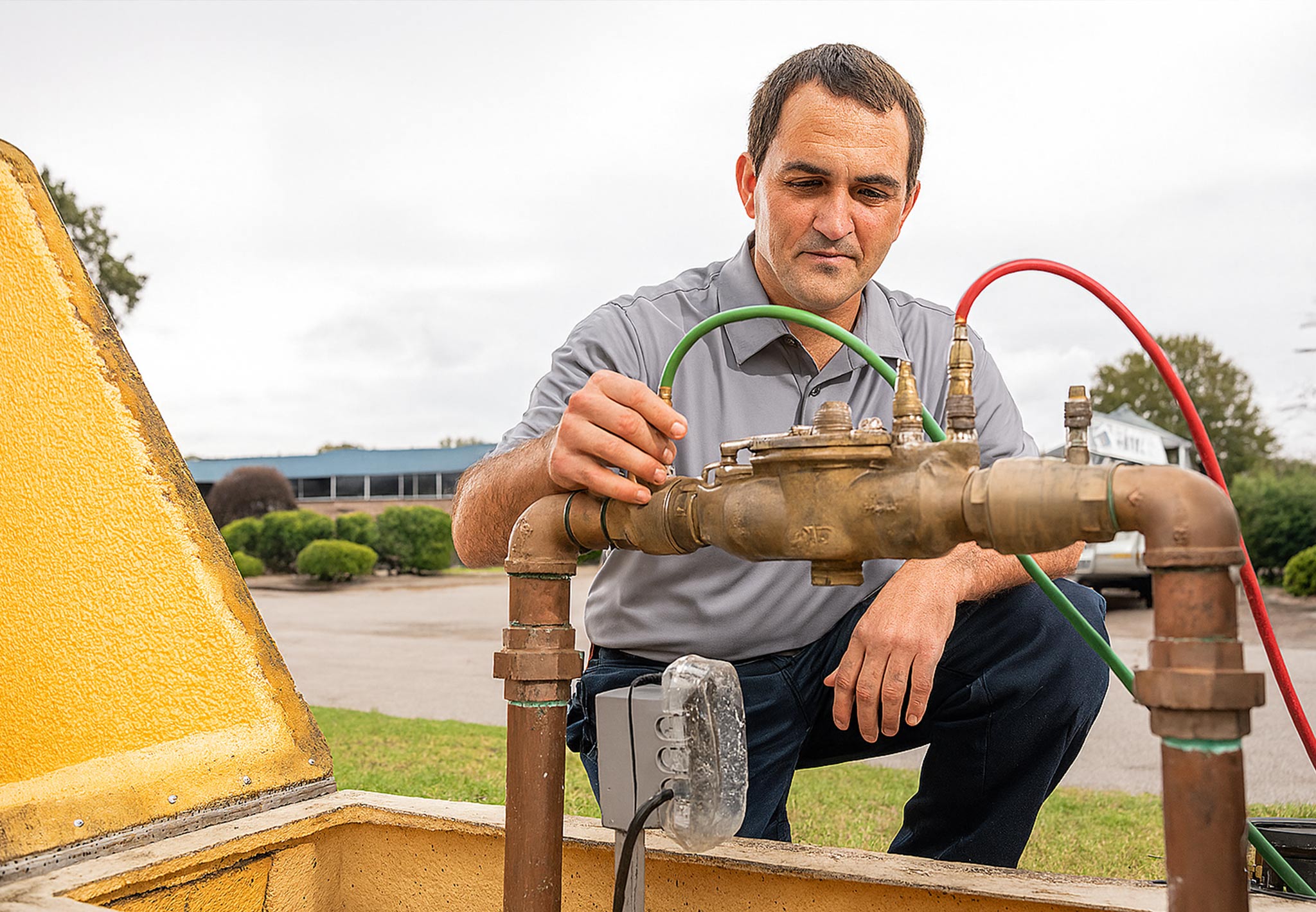 Technician inspecting a backflow prevention device with green and red hoses in a lawn irrigation system, ensuring safe drinking water.